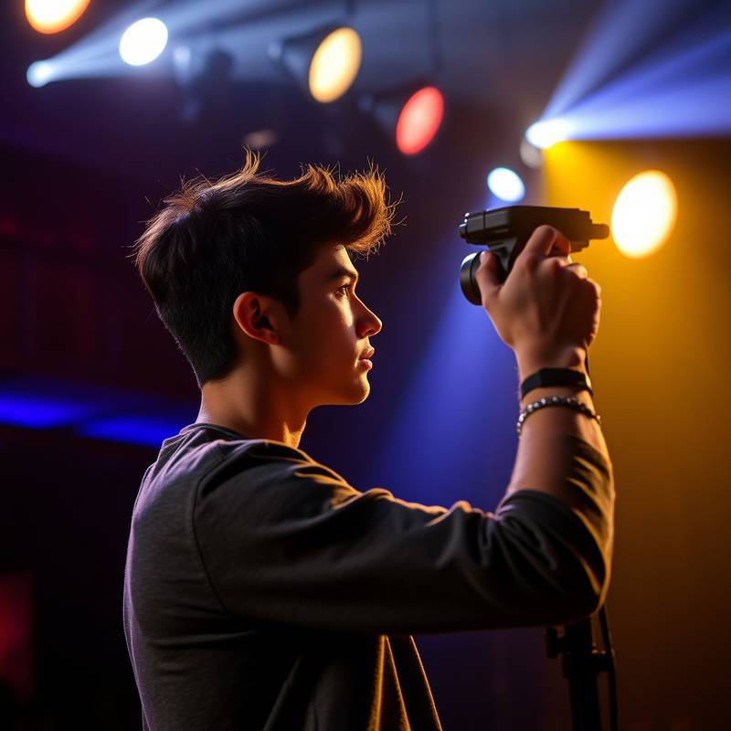Estudiante de diseño de iluminación ajustando luces en un teatro.