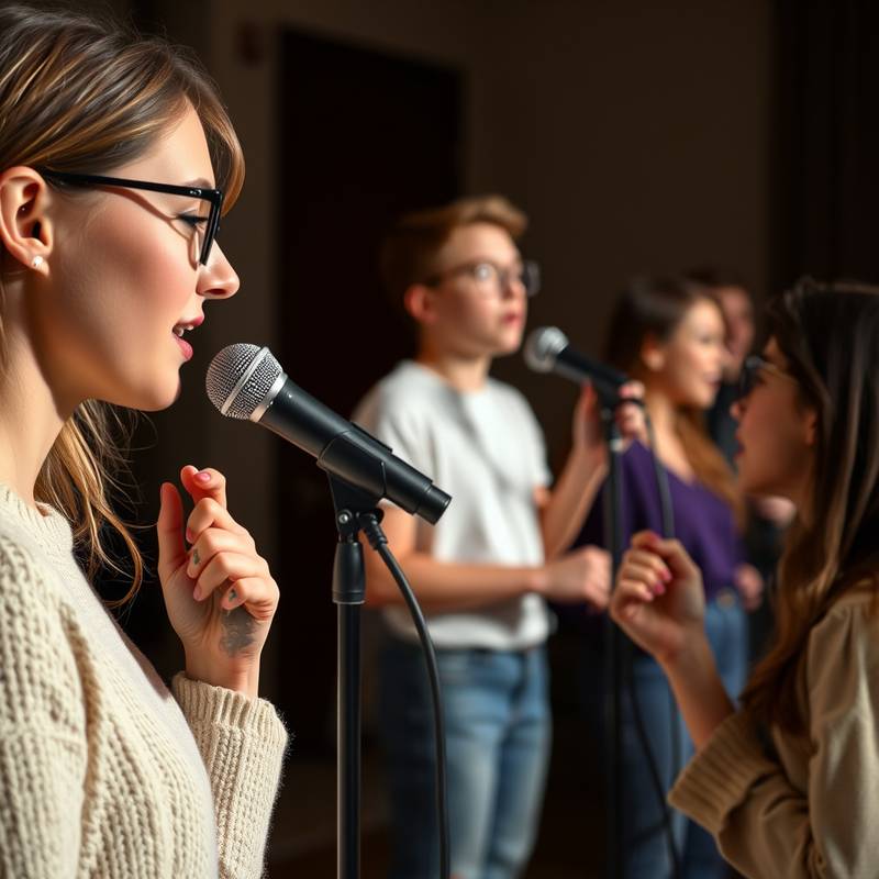 Estudiantes en una clase de canto, aprendiendo técnicas vocales.