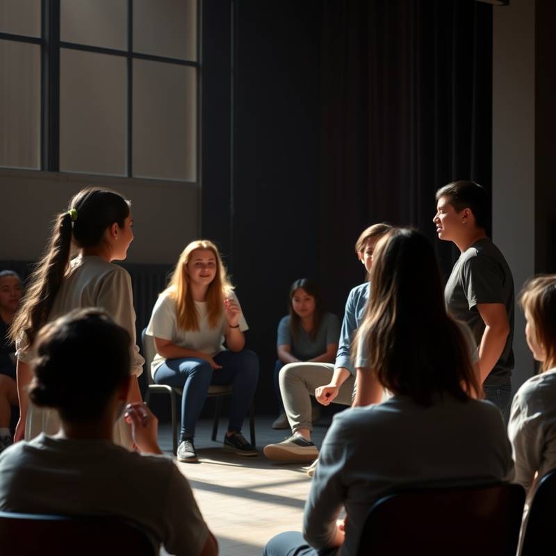 Imagen de una clase de actuación en la Academia El Telón Dorado, con estudiantes interactuando en el escenario.