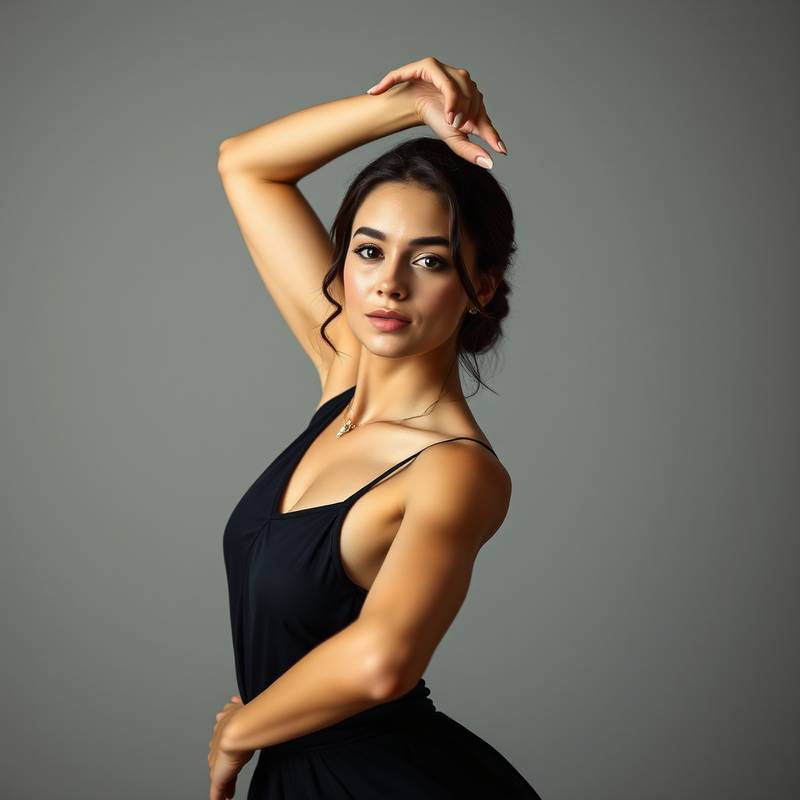 Retrato de Sofía Vargas, posando con gracia y elegancia, instructora de Danza Contemporánea.